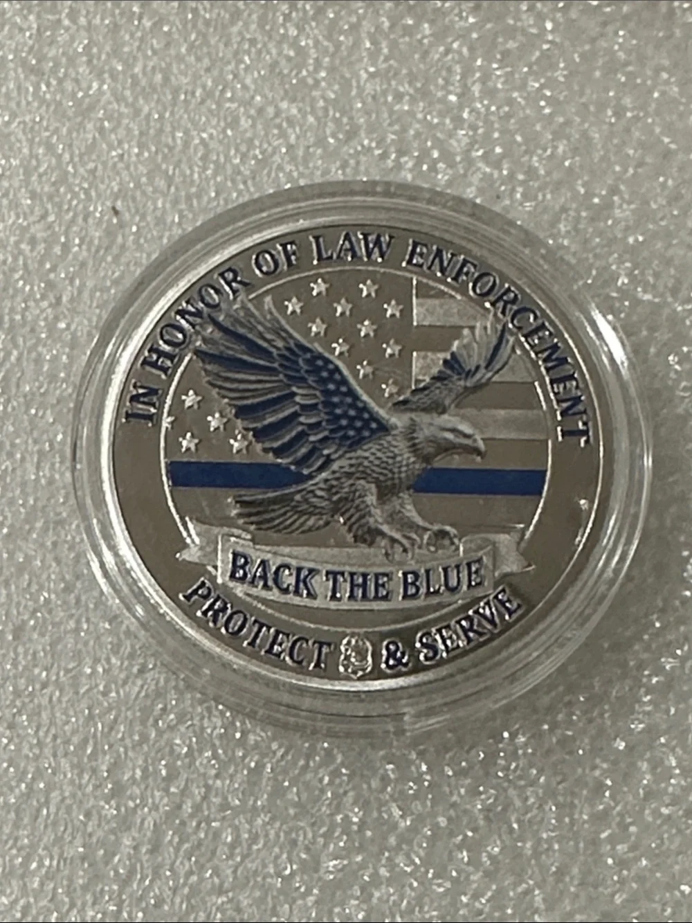 Back The Blue Commemorative Eagle Challenge Coin - Silver & Blue